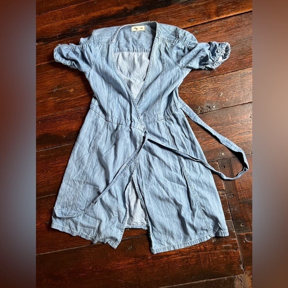 MADEWELL Women's Dress XS Blue Chambray Shirred-Sleeve Wrap Waist Elsworth Wash - Picture 3 of 8